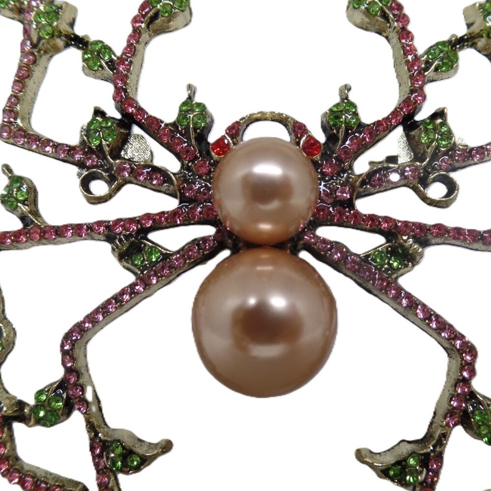 Stunning Pink and Green Crystal & Pearl Wicked Spider Brooch